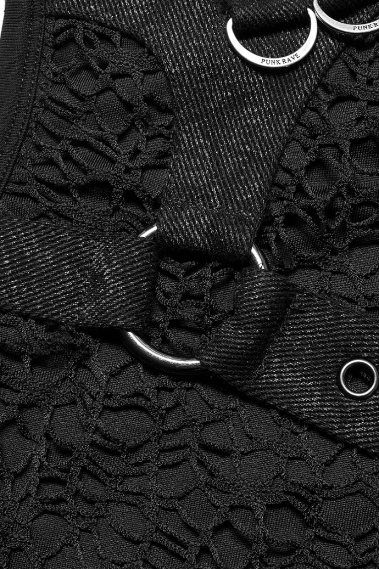 Black Sleeveless Stitching Mesh Buckle Steampunk Vest