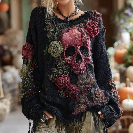 Rose And Skull Embroidered Gothic Chunky Knit Sweater elevenforest