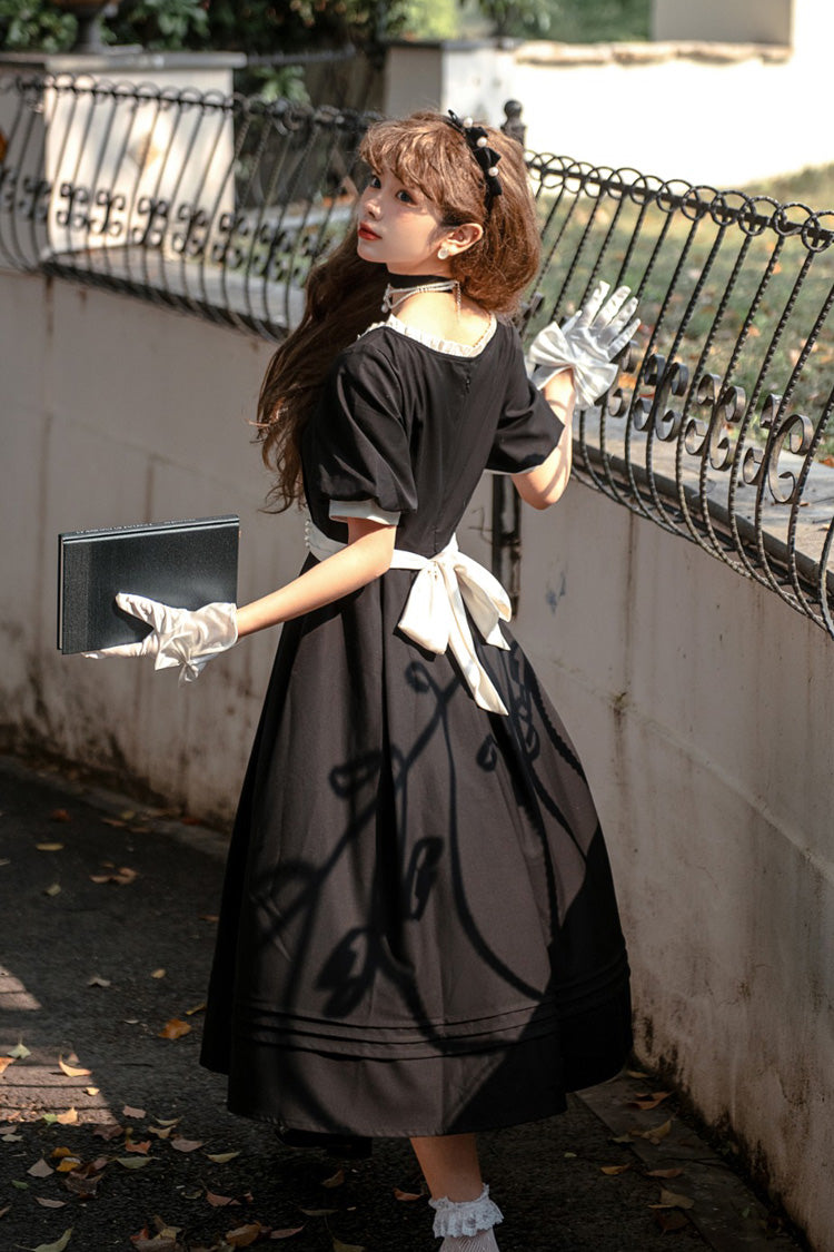 Black [random Thoughts] Square Collar Short Sleeves Ruffle Classic Lolita Dress