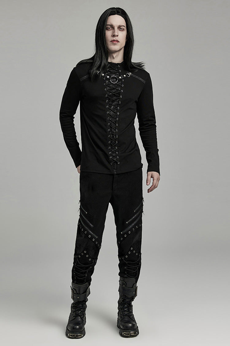Black Long Sleeves Stitching Lace-up Ripped Punk Blouse