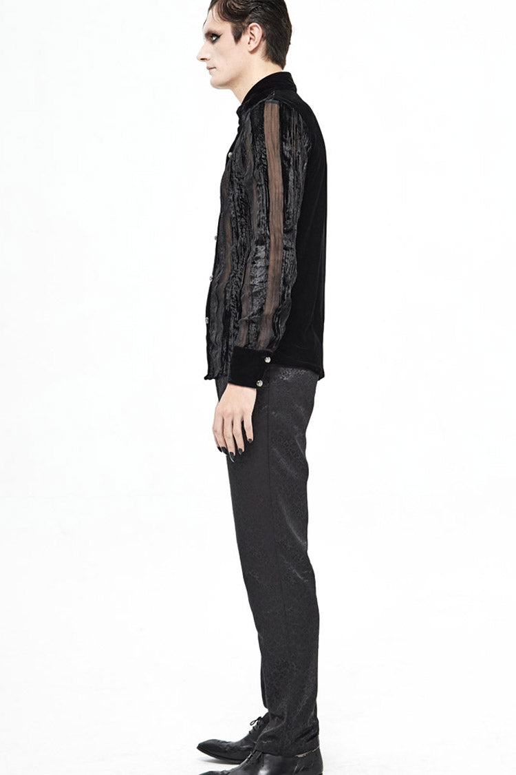 Black Striped Velvet Fold Mushroom Metal Buckles Long Sleeve Irregular Gothic Shirt