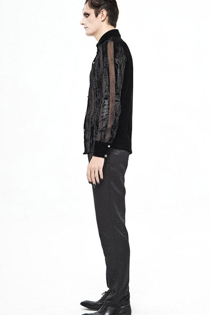 Black Striped Velvet Fold Mushroom Metal Buckles Long Sleeve Irregular Gothic Shirt