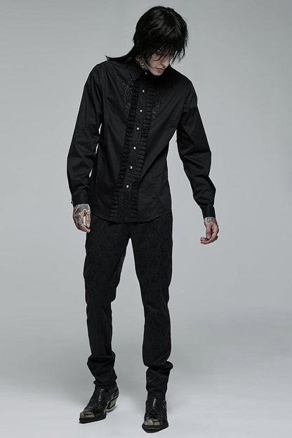 Black Gothic Delicate Decals Placket Pleated Ruffle Long Sleeve Shirt