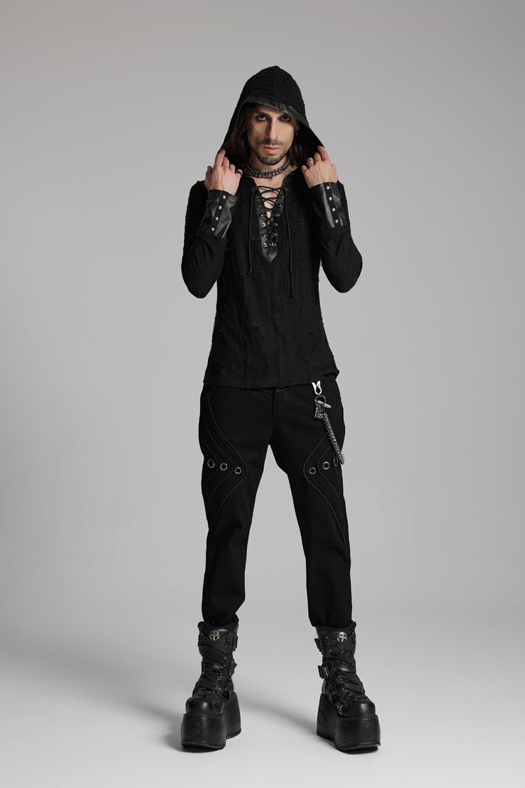 Black Long Sleeves Lace-up Hooded Studs Eyelets Punk T-shirt
