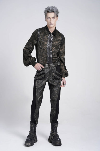 Black Lapel Collar Long Puff Sleeves Faux Leather Stitching Gothic Blouse With Chain