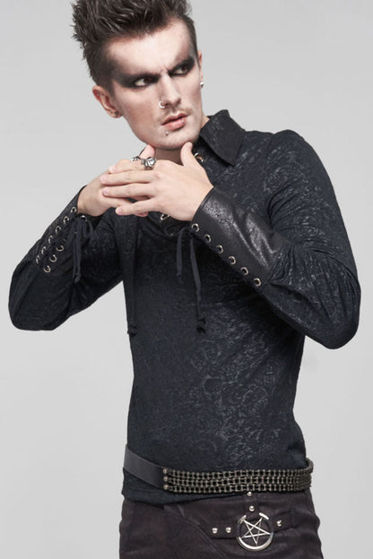 Black Gothic Pattern Decoration Tie Rope Design Knitted Elasticity Pullover Shirt