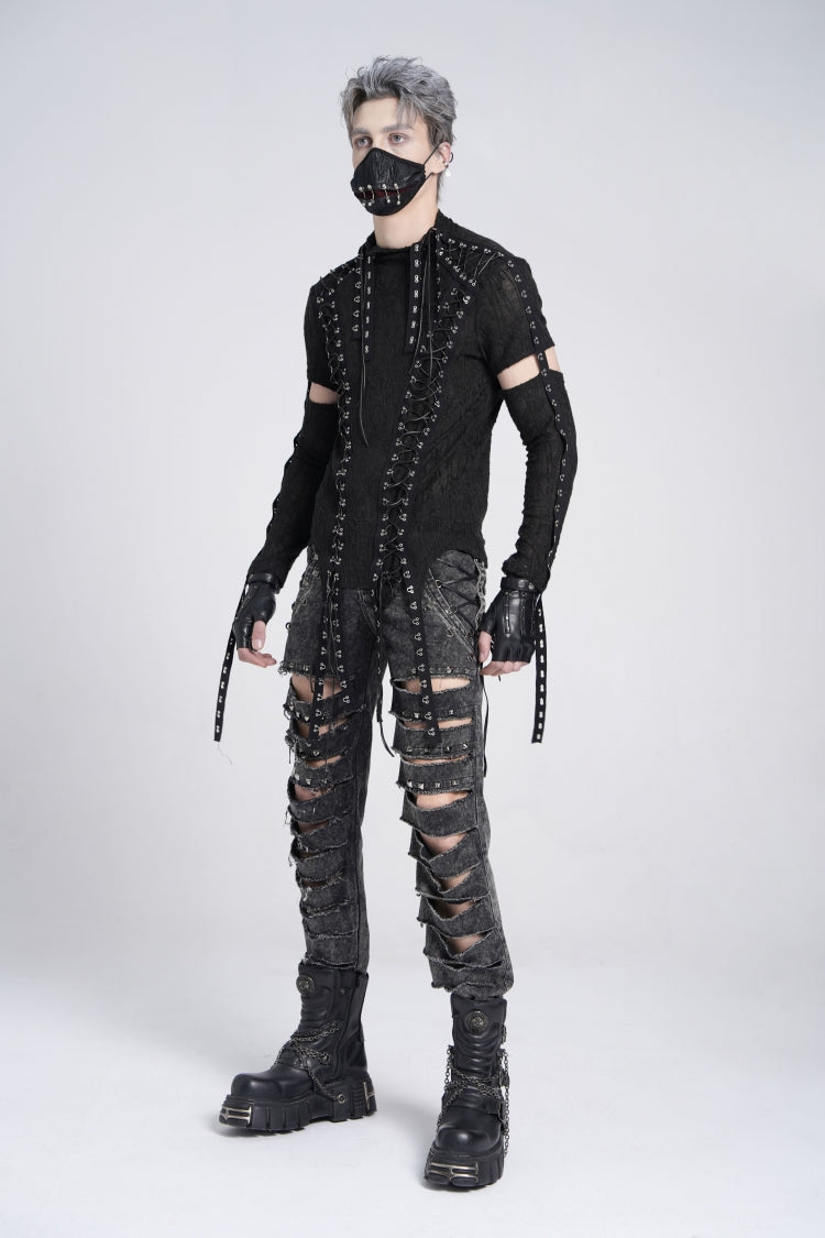 Black Long Sleeves Strap Lace-up Irregular Mesh Gothic T-shirt