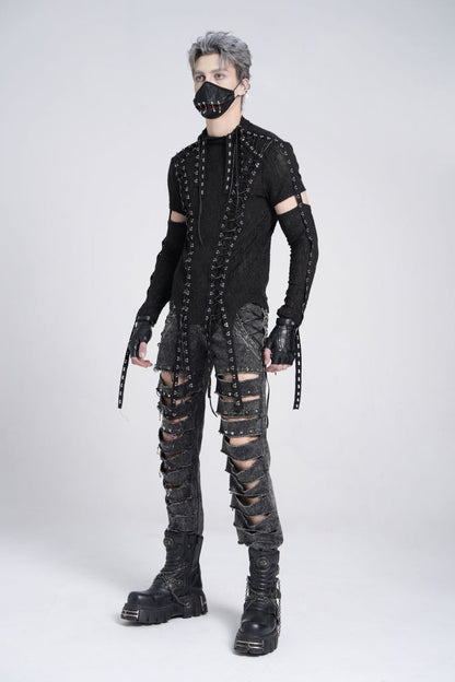 Black Long Sleeves Strap Lace-up Irregular Mesh Gothic T-shirt