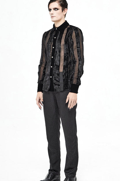 Black Striped Velvet Fold Mushroom Metal Buckles Long Sleeve Irregular Gothic Shirt