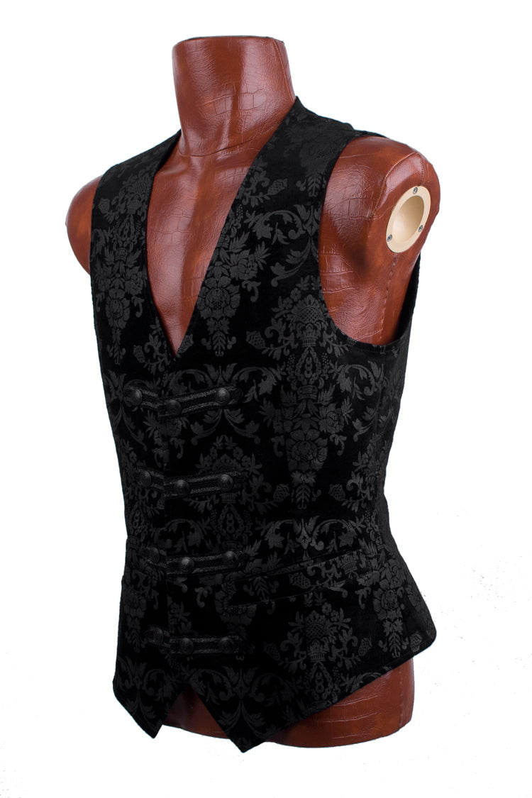 Black Retro Jacquard Front Woven Strap Metal Button Gothic Vest