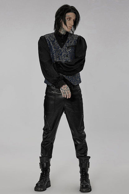 Blue Punk V Neck Asymmetrical Relief Sculpture Jacquard Double Row Hand Seam Button Vest