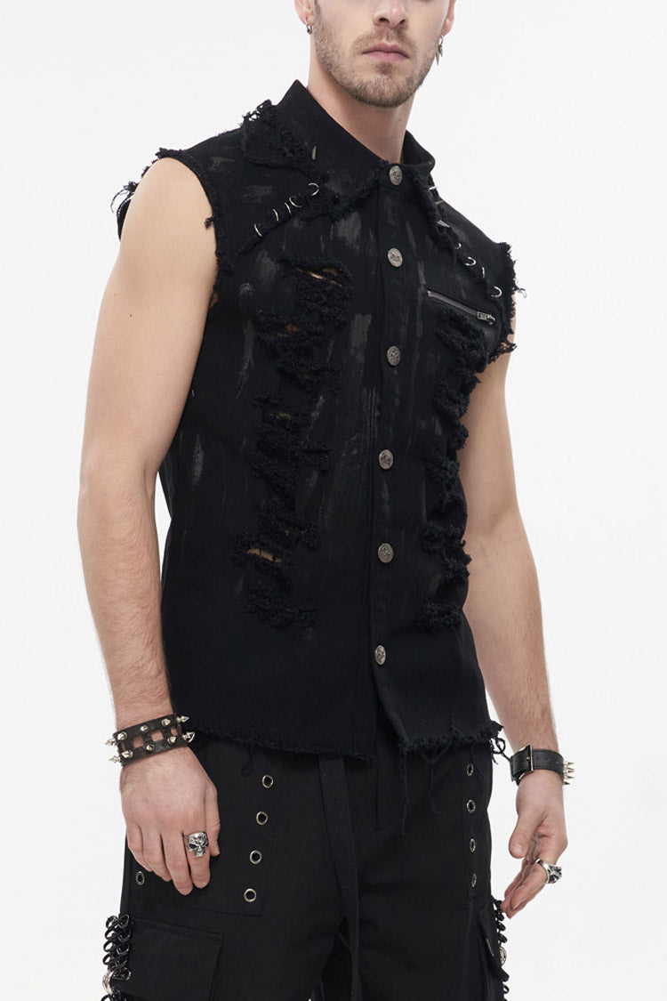 Black Punk Standing Collar Irregular Hand-painted Sleeveless Metal Decoration Tattered Shirt