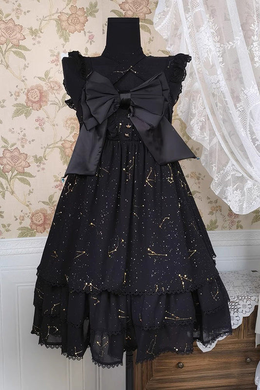 Black Triple-layered Ruffle Hot Stamping Bowknot Classic Gothic Princess Lolita Jsk Dress