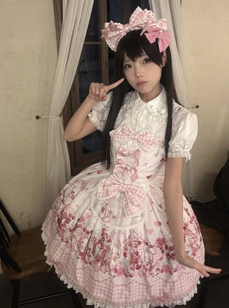 [pre-order Deadline: May 5] Pink Cherry Print Lace Ribbon Bunny Ear Apron Jsk Dress + Accessories
