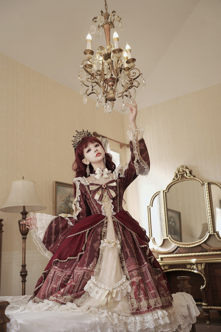Red Baroque Palace Print Lace Classic Princess Lolita Dress