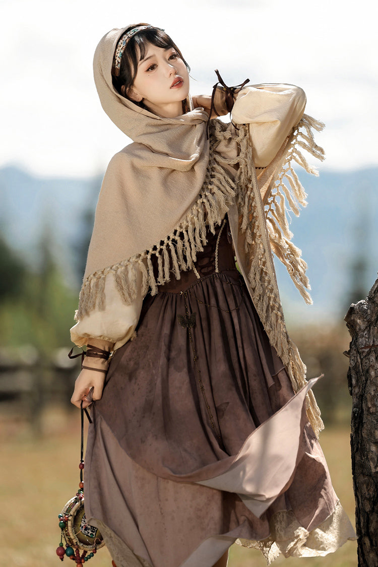 Brown [sunset Yellow Sand] Print Irregular Asymmetric Classic Lolita Dress Set