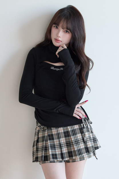 High Neck Knit Top + Plaid Skirt