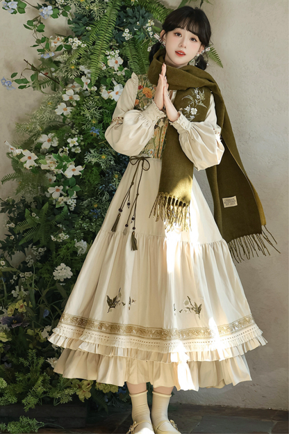 Pastoral Lolita Long Sleeve Dress + Vest + Scarf