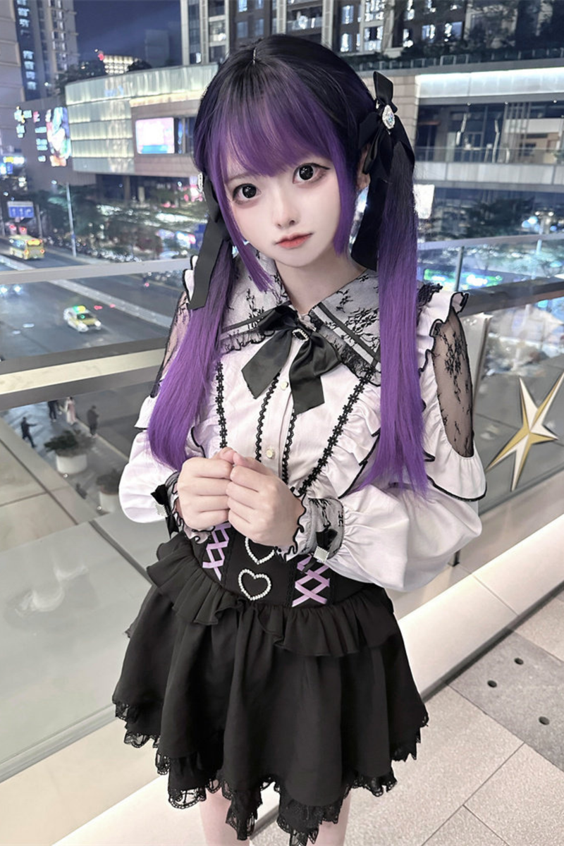 Lace Dark Shirt + Flare Skirt