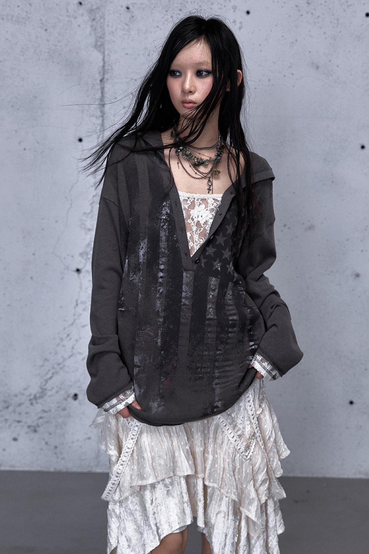 Lace Patchwork Loose Hooded Hoodie