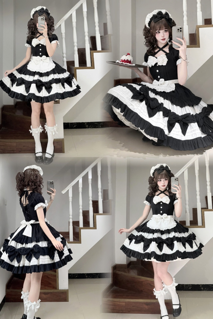 Monochrome Doll Lolita Dress + Headband + Bonnet + Clip