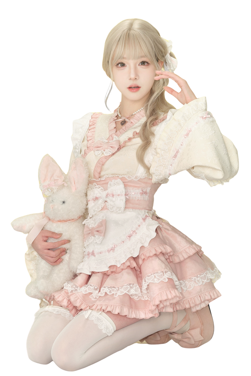 Cherry Blossom Japanese Style Top + Ribbon Girdle Apron + Pink Lace Tiered Skirt