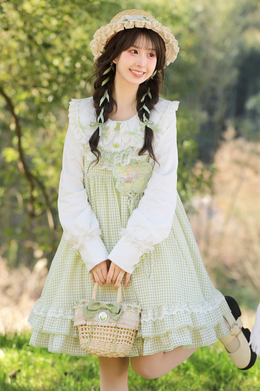 Lace Retro Doll Shirt + Gingham Plaid Sleeveless Dress