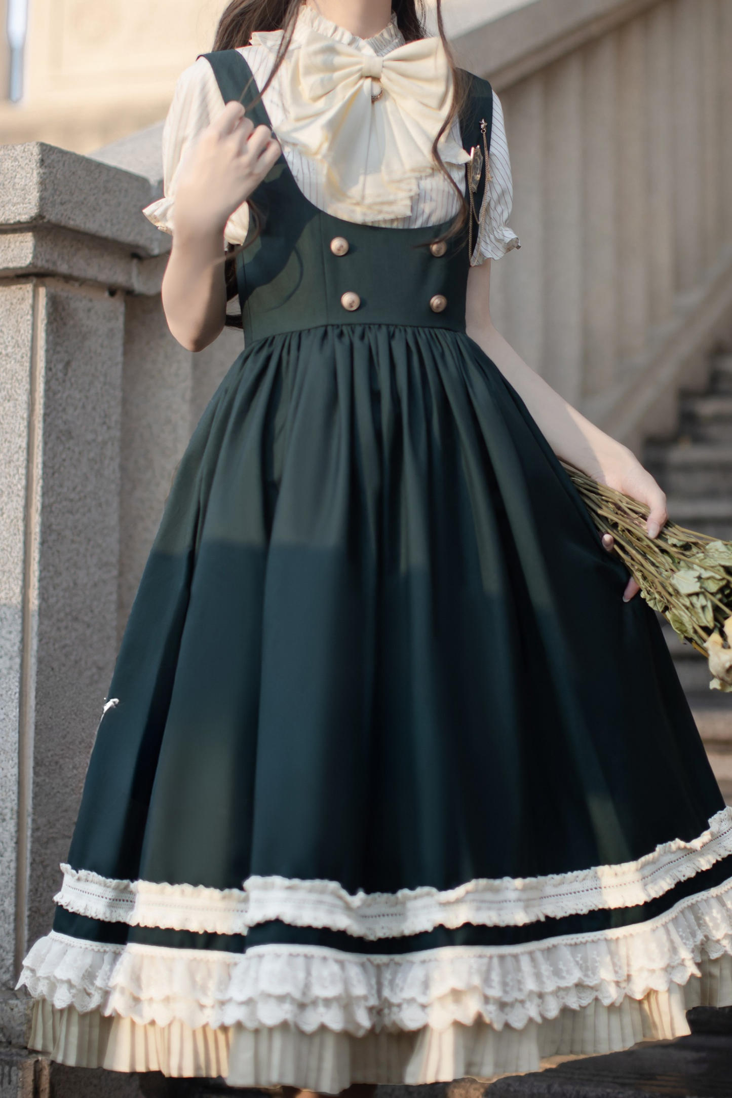 Western-style College Vest Skirt + Puff Sleeve Shirt + Big Ribbon + Brooch