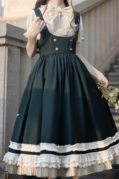 Western-style College Vest Skirt + Puff Sleeve Shirt + Big Ribbon + Brooch