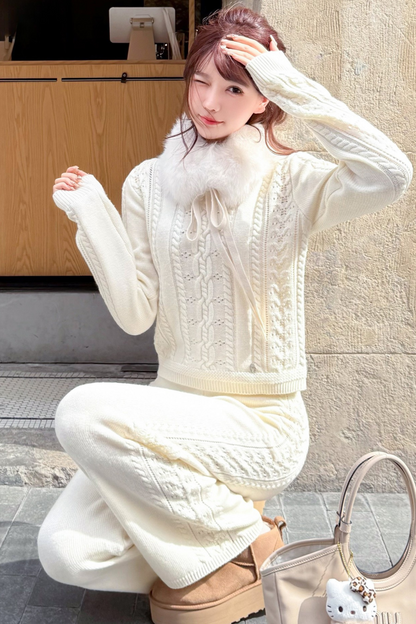 Wool Twist Knit + Knit Flare Wide Pants + Knit Muffler