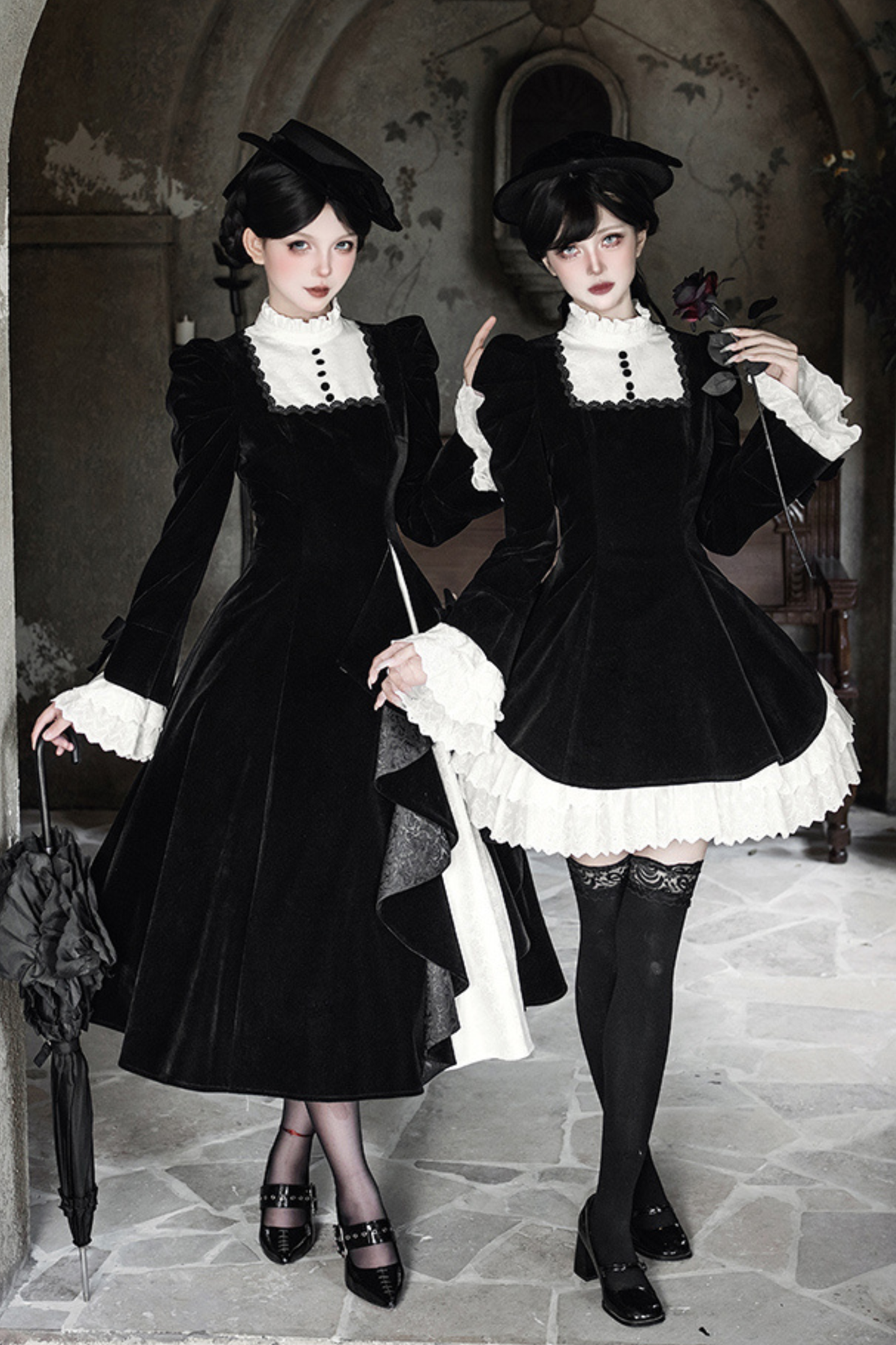 Slim Contrast Color Twin Dress + Collar + Bow + Brooch + Hat