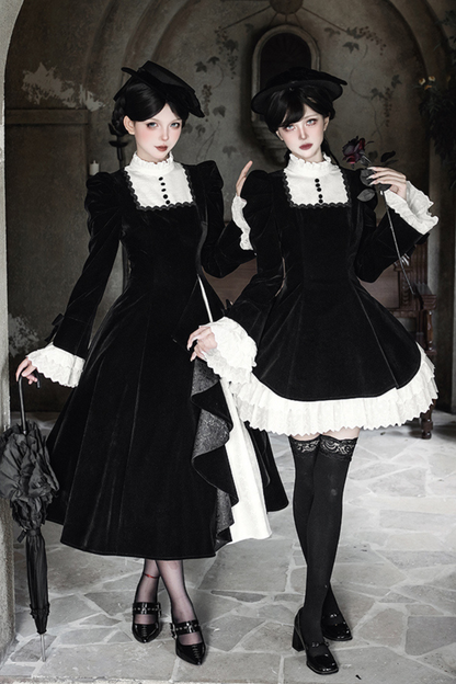 Slim Contrast Color Twin Dress + Collar + Bow + Brooch + Hat