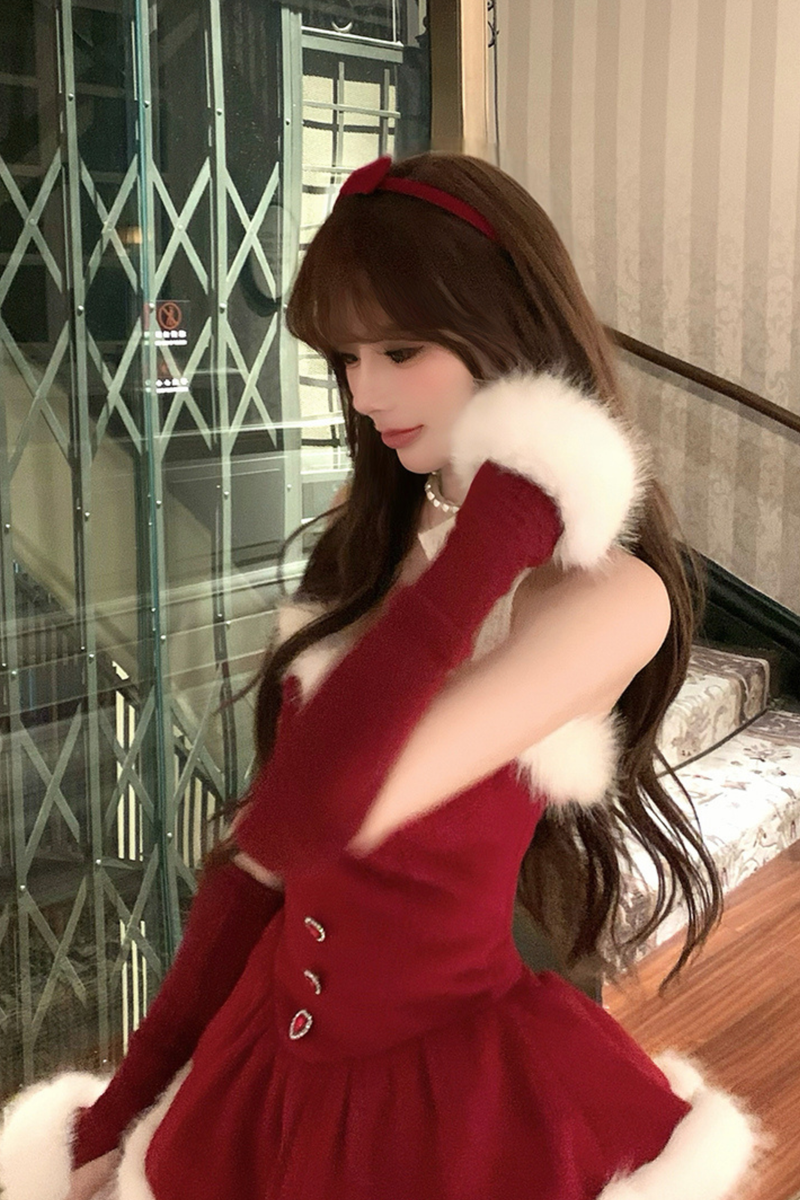 Red Velvet Cake Fur Coat + Suspender Skirt + Sleeves