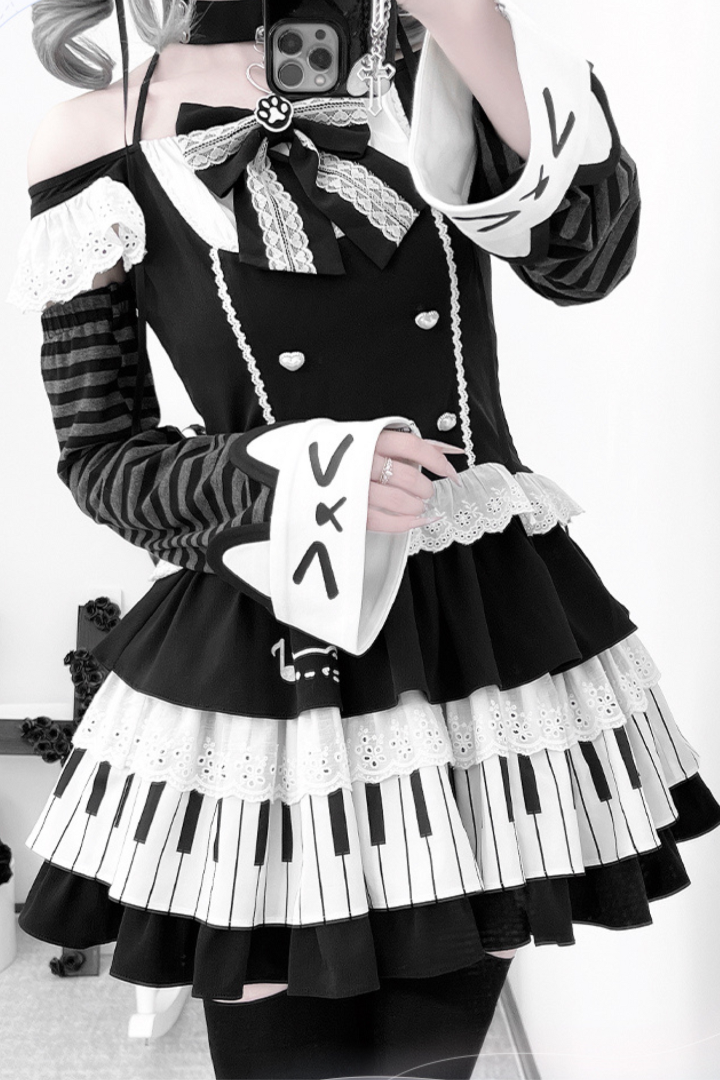 Dark Ruffle Top + Piano Skirt + Cat Sleeve