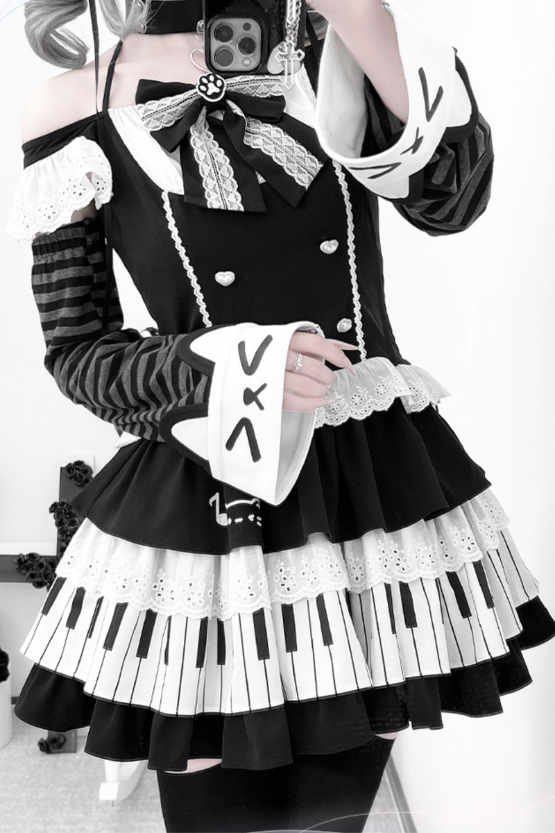 Dark Ruffle Top + Piano Skirt + Cat Sleeve