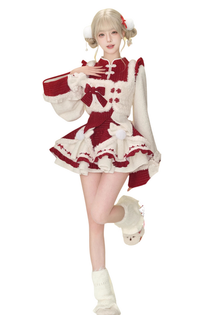 Fur Chinese-style Design Vest + Red Chinese-style Top + Flare Short Skirt
