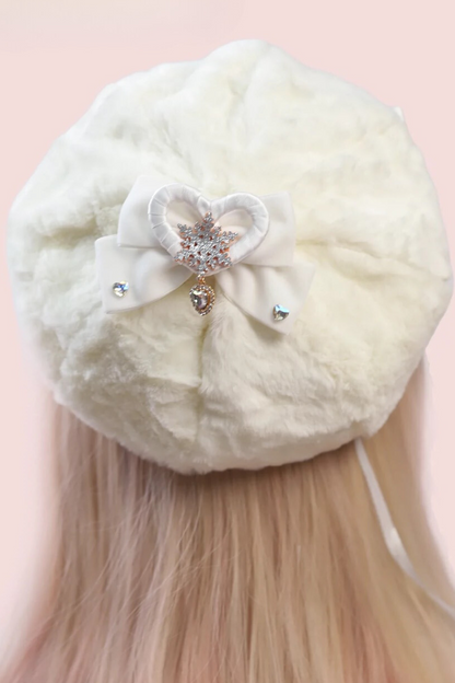 Ribbon Pearl Fur Beret