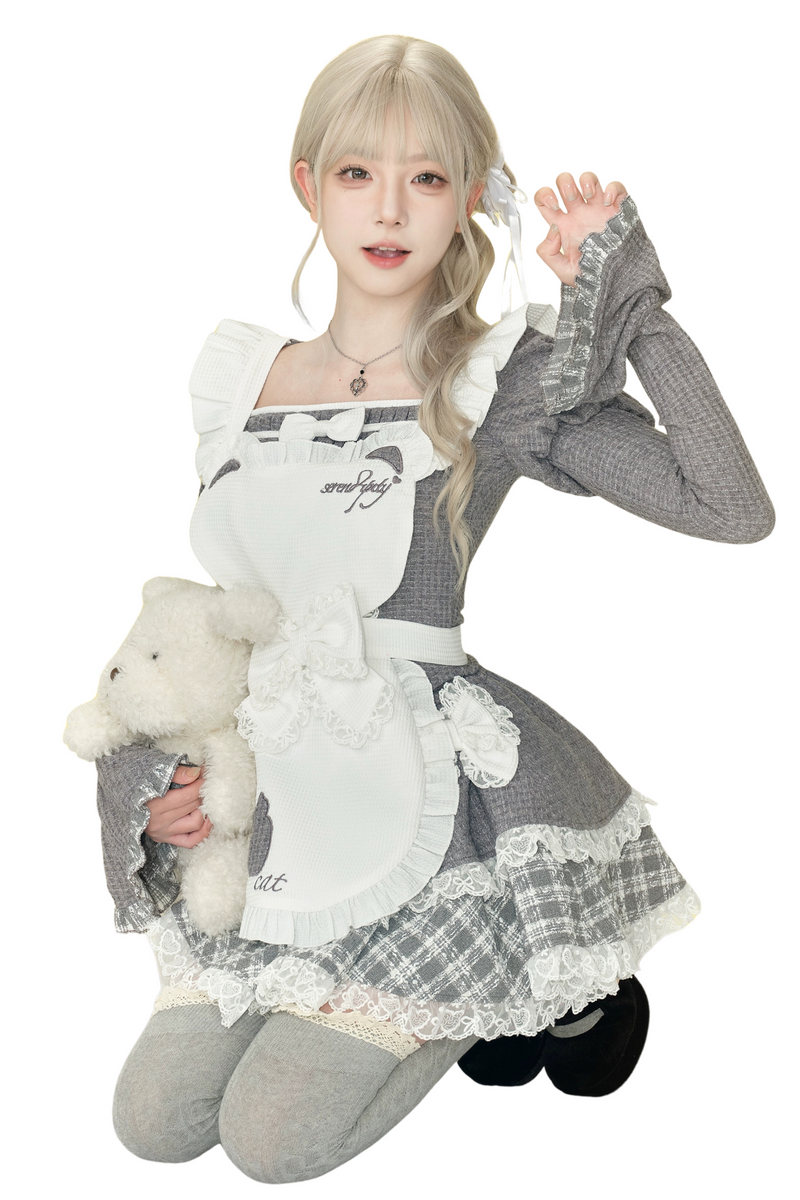 Puff Sleeve Top + Kitten Embroidered Apron + Tiered Skirt