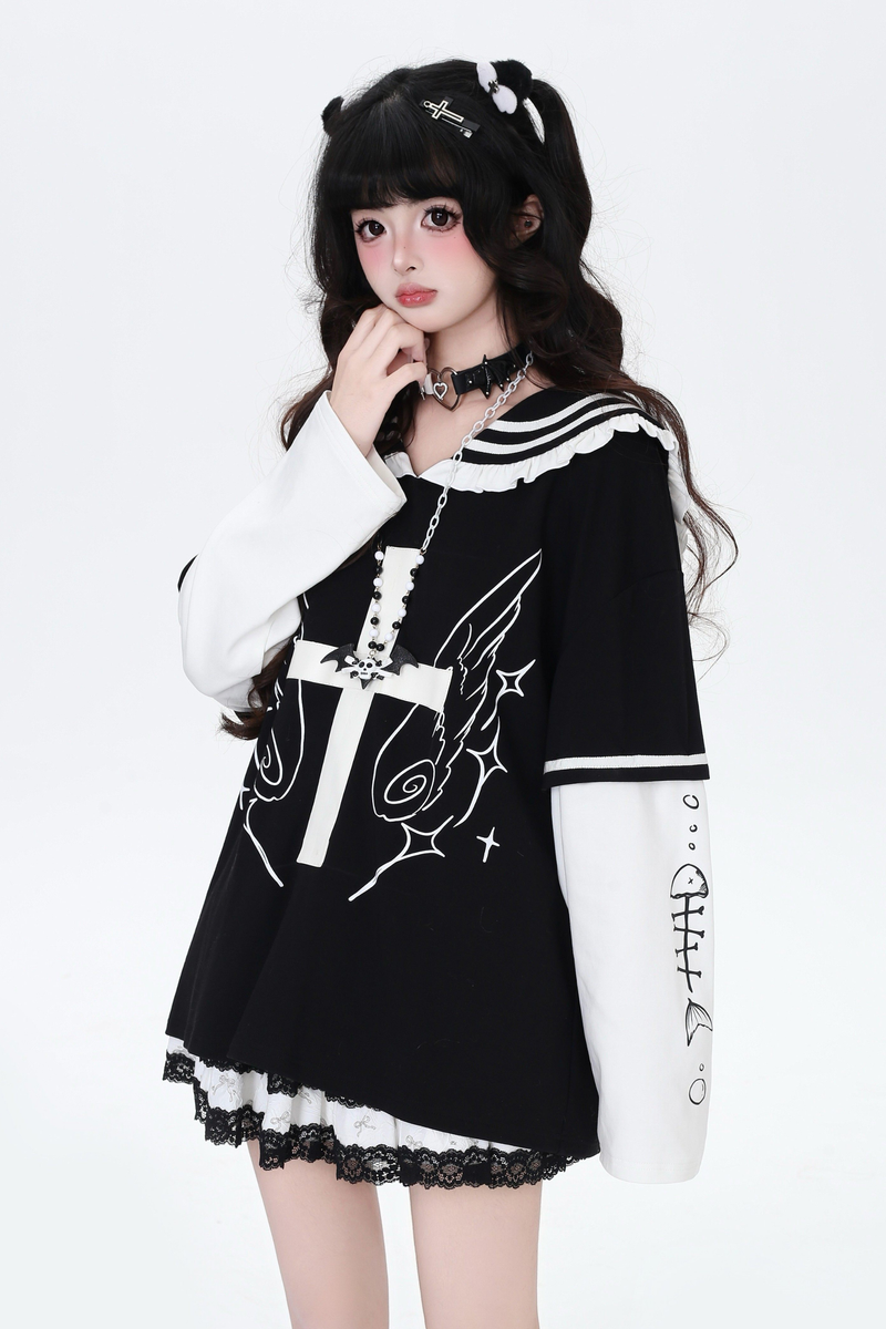 Cross Design Ruffled Sailor Top