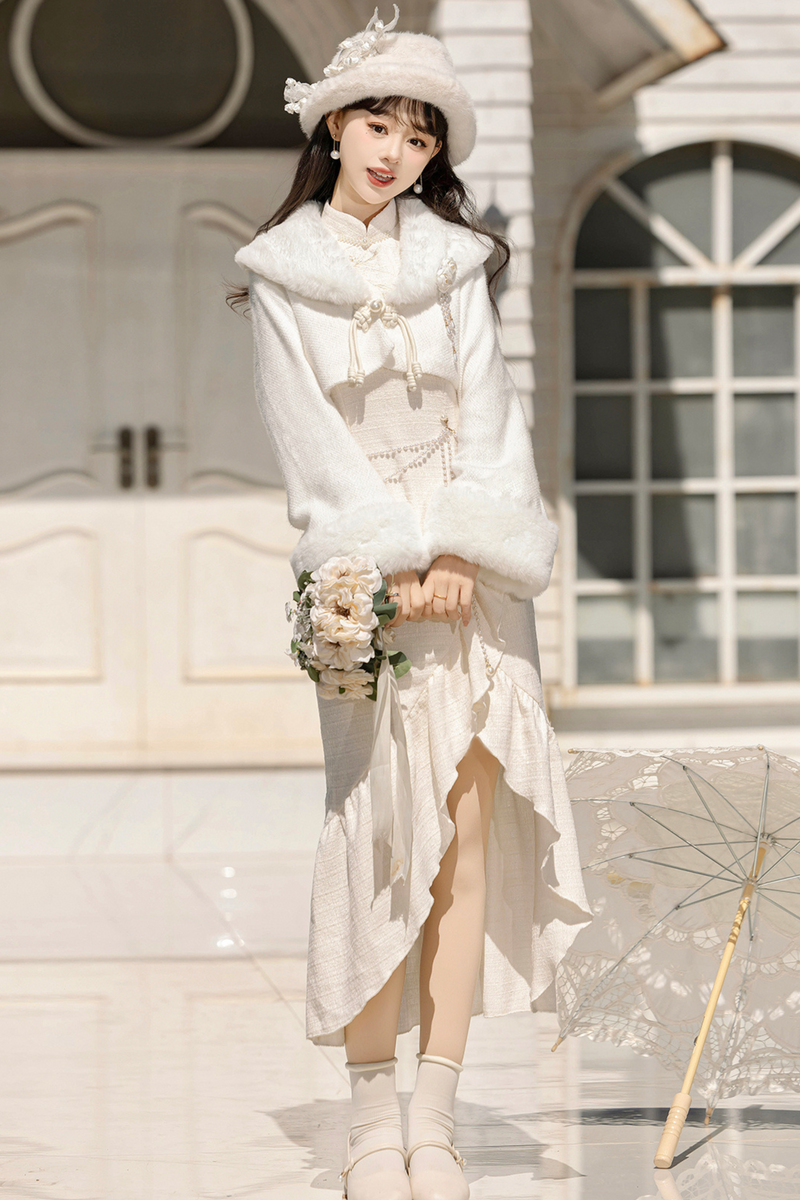 Retro Cheongsam Dress + Short Fur Coat