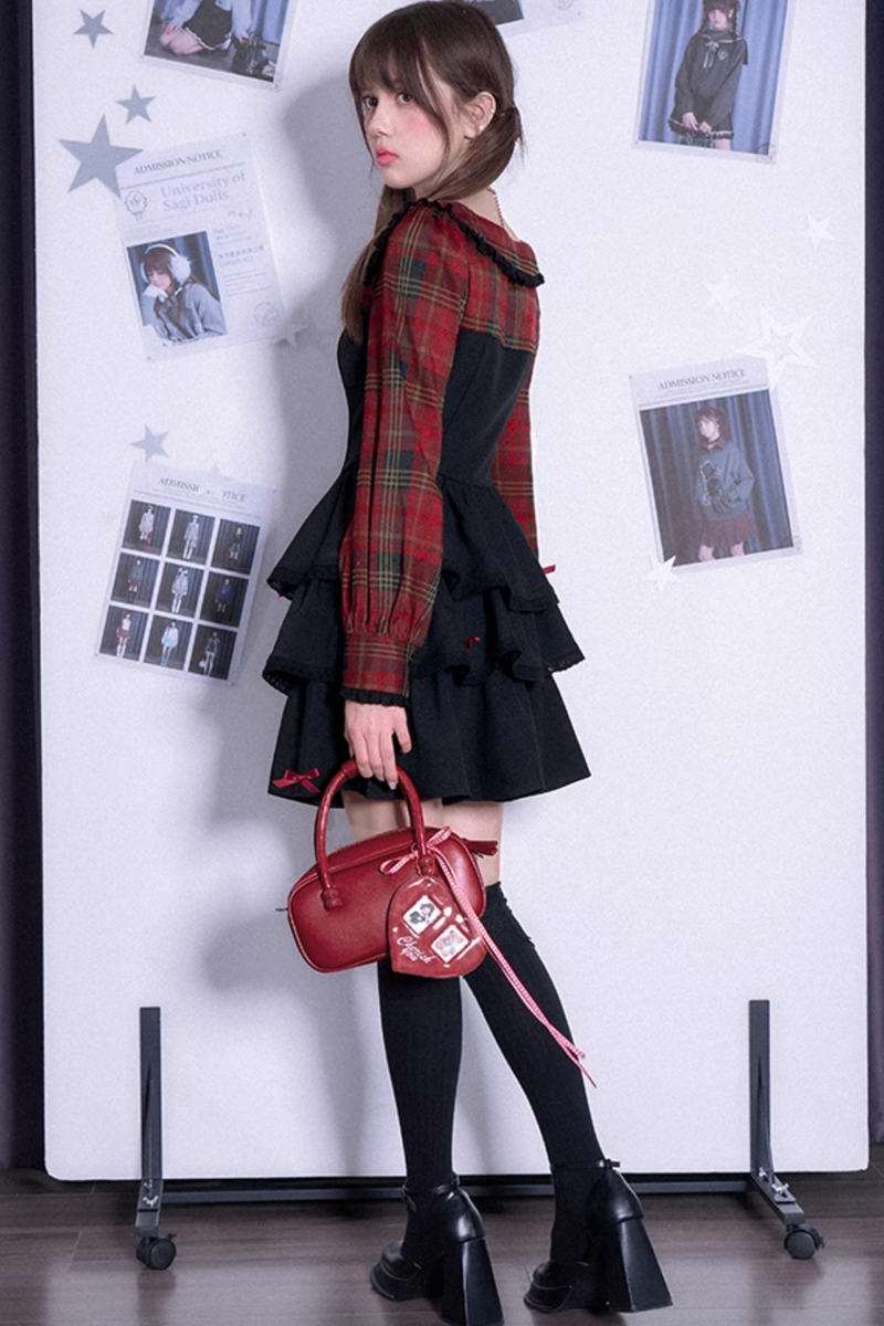 Plaid Faux Two Piece Tiered Dress