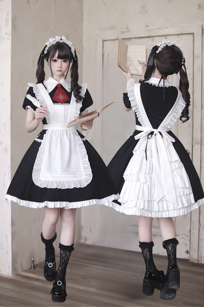 [pre-order Deadline: April 29] Black X White Gothic Lace Red Tie Collar Lolita Dress Type A/b