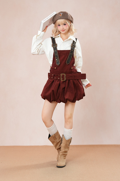 Burgundy Corduroy Suspender Dress