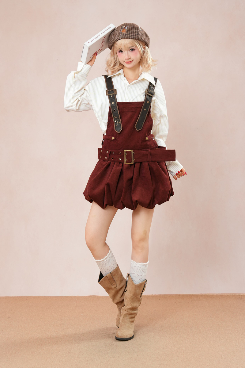 Burgundy Corduroy Suspender Dress