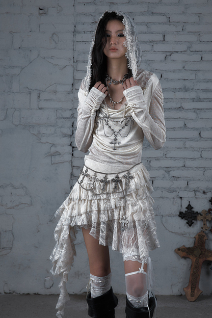 Punk Lace Hood Asymmetrical Dress