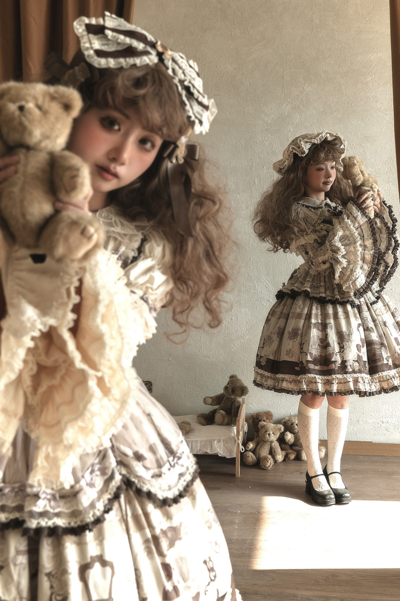 Briana Bear Print Dream Doll Lolita Dress + Jsk + Skirt + Shirt + Petticoat