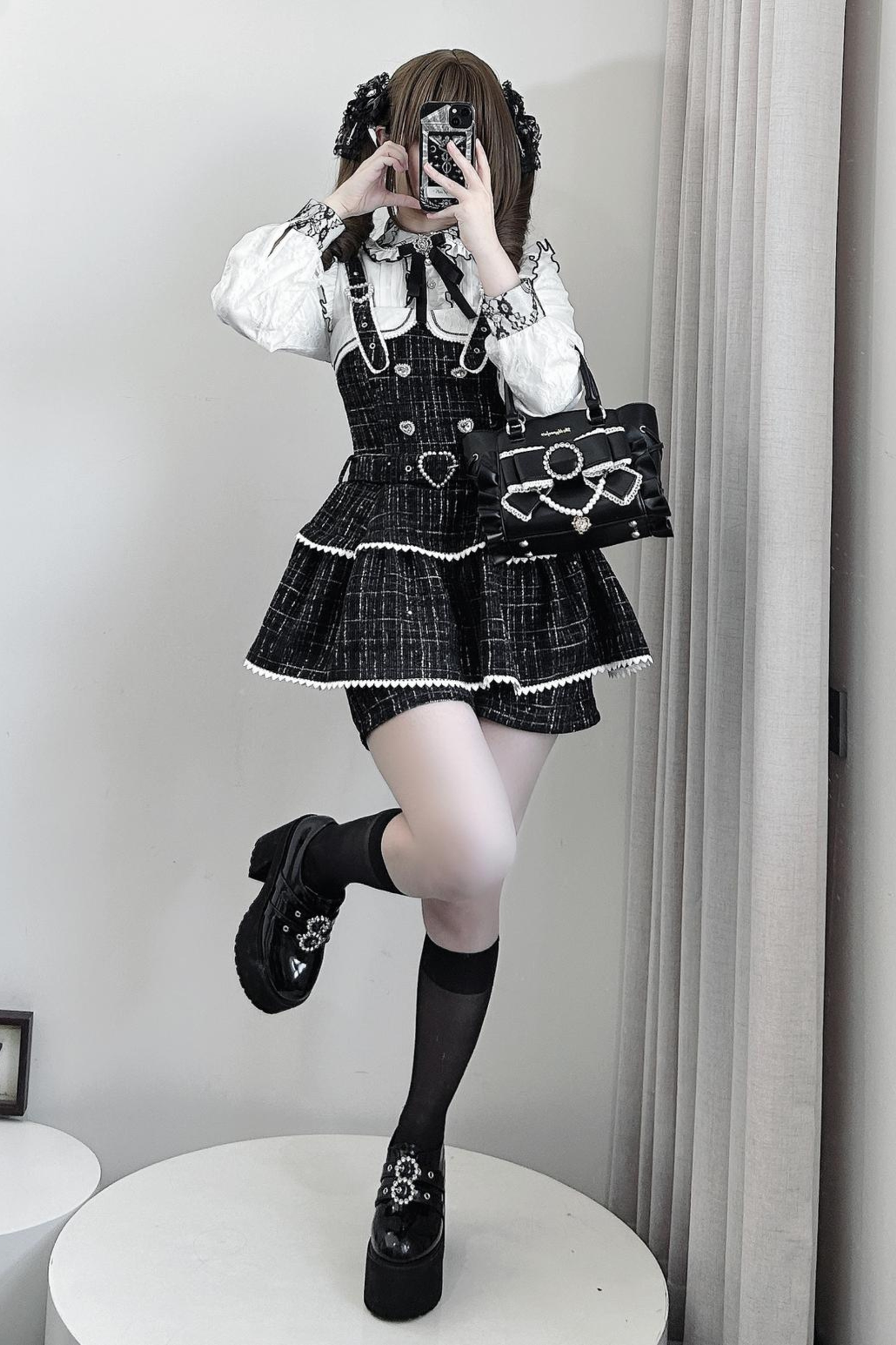Plaid Design Suspender Skirt + Pants