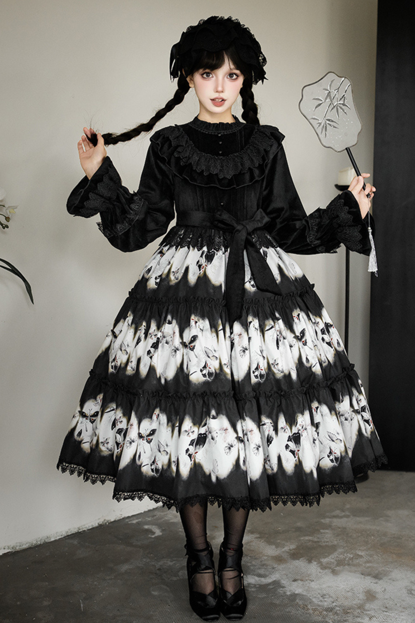 Butterfly Print Swing Lolita Dress + Jumper Skirt + Hairband + Innerwear + Ribbon