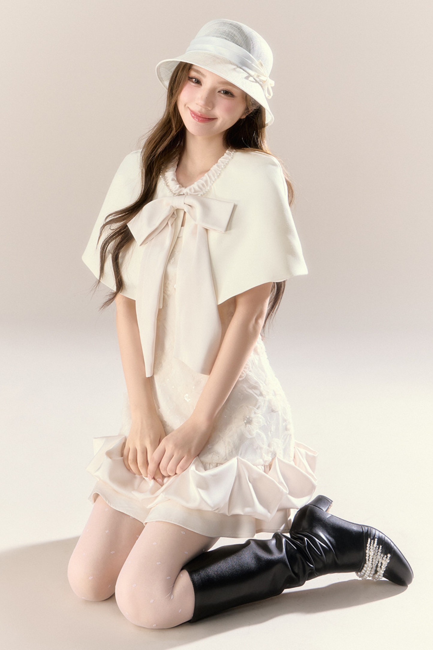 Ruffle Girly Pure Sleeveless Dress + Ribbon Cape