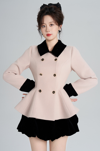 French Sweet Pink Flare Coat + Skirt